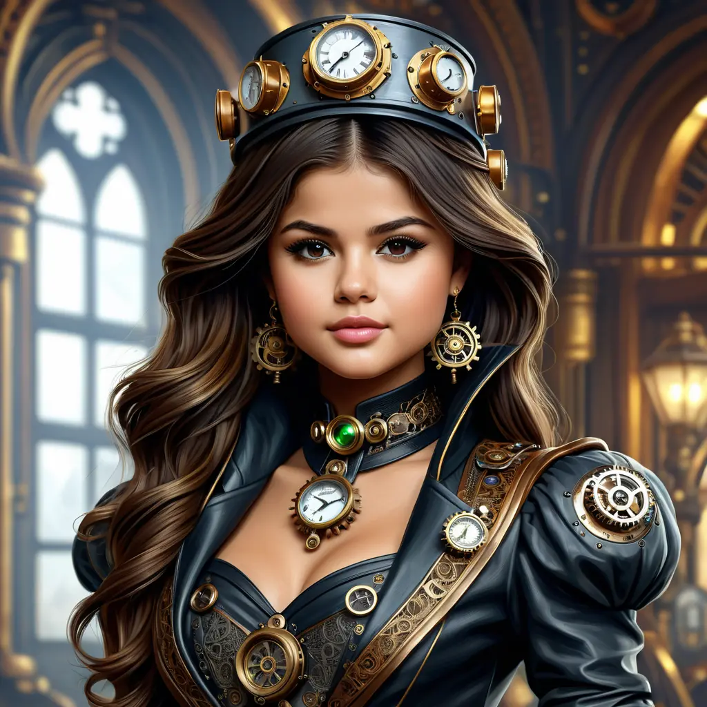 Steampunk portrait of Selena Gomez, Highly Detailed, Intricate, Artstation, Beautiful, Digital Painting, Sharp Focus, Concept Art, Elegant