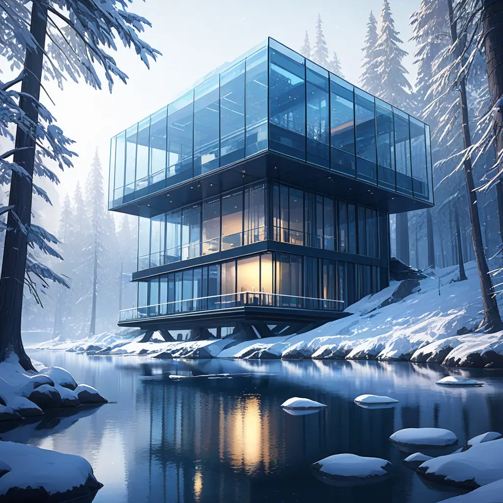 Grand futuristic glass cabin in the woods surrounded by a lake in winter, Atmospheric, Highly Detailed, Intricate, Trending on Artstation, Stunning, Realistic, Unreal Engine, Dynamic Lighting, Radiant, Fantasy by Greg Rutkowski