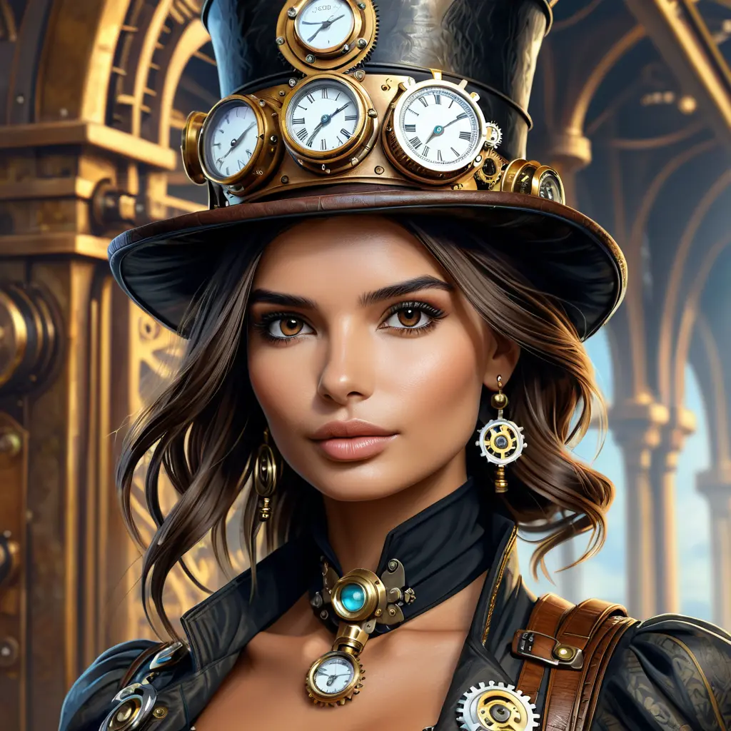 Steampunk portrait of Emily Ratajkowski, Highly Detailed, Intricate, Artstation, Beautiful, Digital Painting, Sharp Focus, Concept Art, Elegant