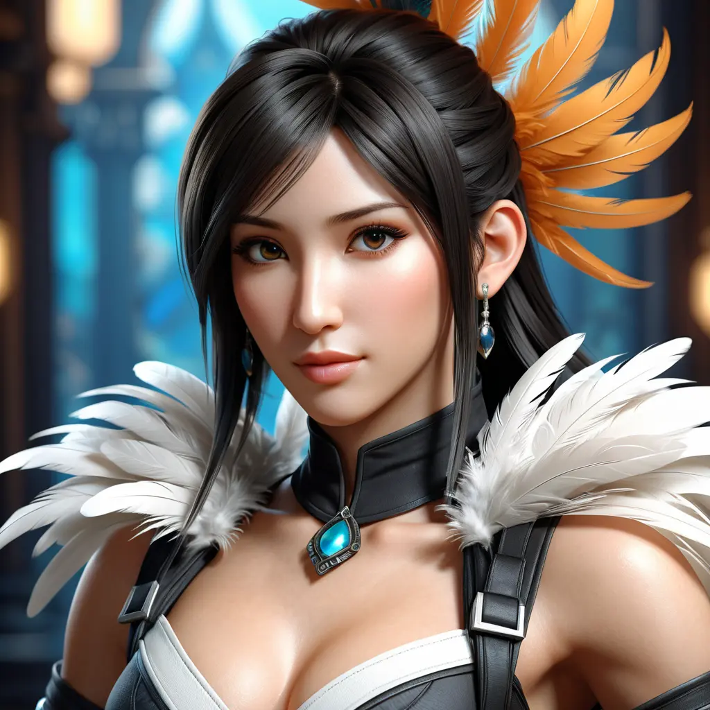 Alluring matte portrait of a beautiful Tifa Lockhart wearing feathers, 8k, Highly Detailed, Intricate, Half Body, Realistic, Sharp Focus, Volumetric Lighting, Fantasy, Elegant by Stanley Artgerm Lau, Alphonse Mucha, WLOP