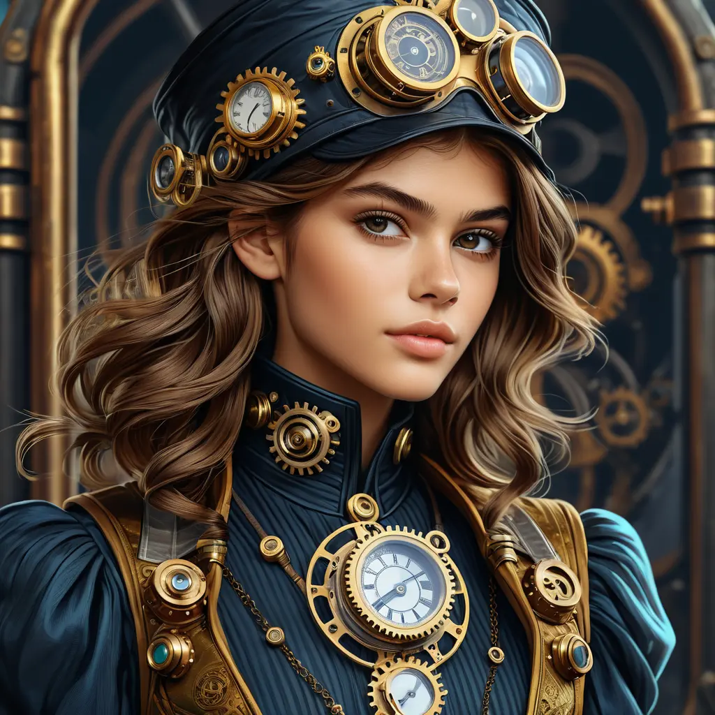 Steampunk portrait of Kaia Gerber, Highly Detailed, Intricate, Artstation, Beautiful, Digital Painting, Sharp Focus, Concept Art, Elegant