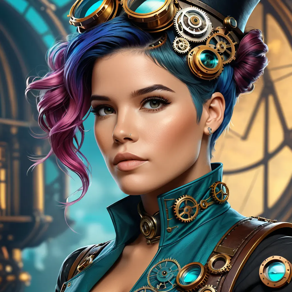 Steampunk portrait of Halsey, Highly Detailed, Intricate, Artstation, Beautiful, Digital Painting, Sharp Focus, Concept Art, Elegant