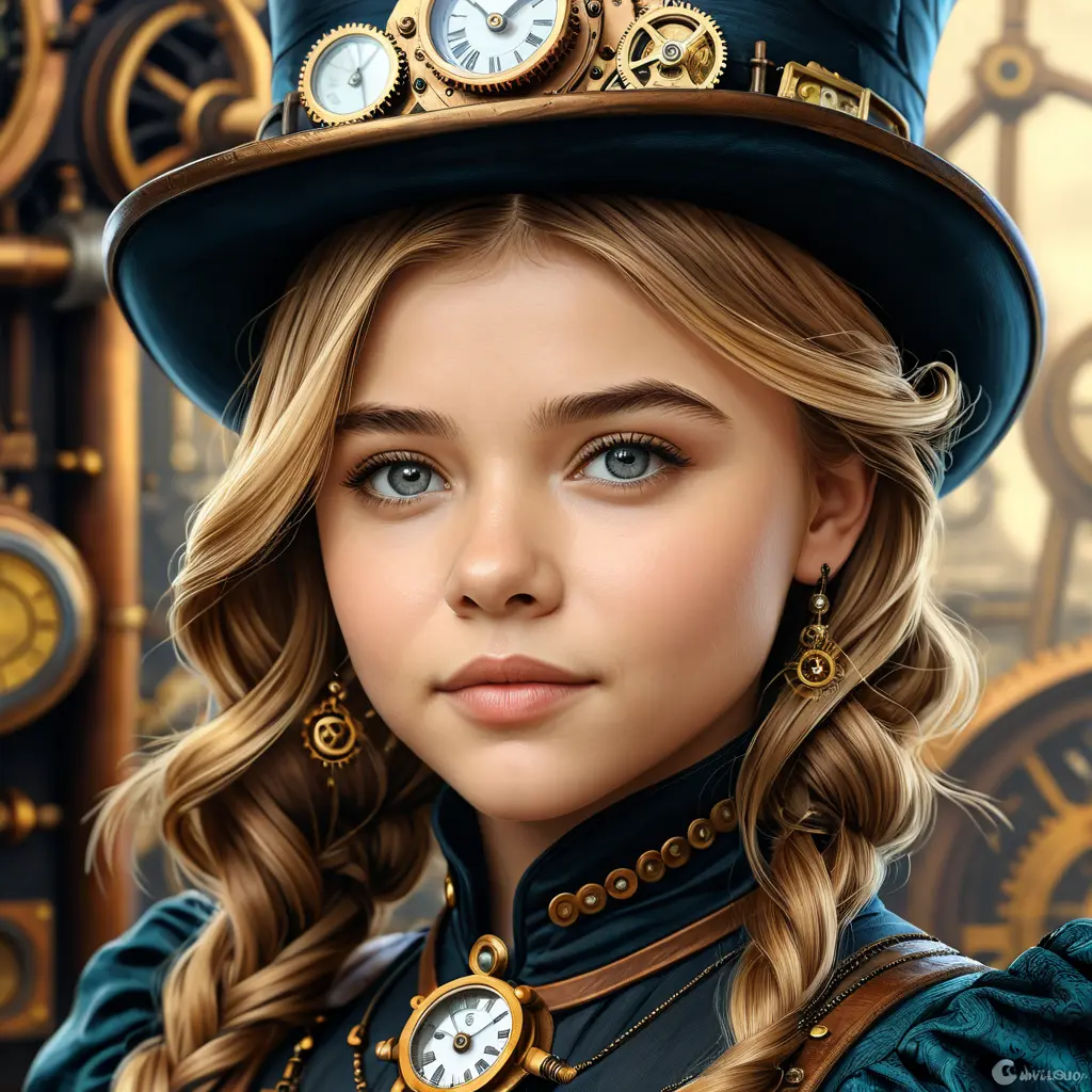 Steampunk portrait of Chloë Grace Moretz, Highly Detailed, Intricate, Artstation, Beautiful, Digital Painting, Sharp Focus, Concept Art, Elegant