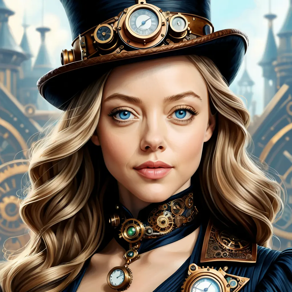 Steampunk portrait of Amanda Seyfried, Highly Detailed, Intricate, Artstation, Beautiful, Digital Painting, Sharp Focus, Concept Art, Elegant