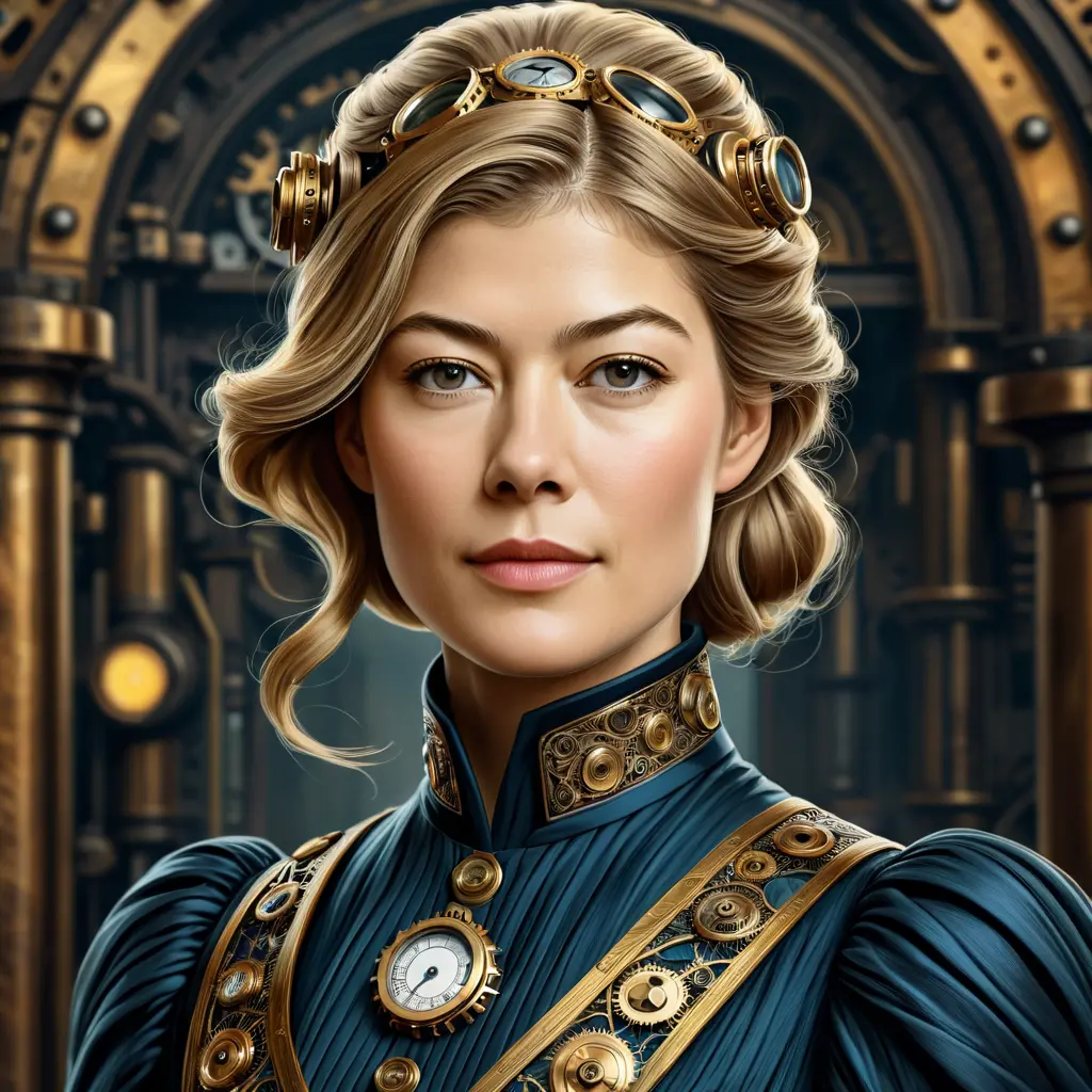 Steampunk portrait of Rosamund Pike, Highly Detailed, Intricate, Artstation, Beautiful, Digital Painting, Sharp Focus, Concept Art, Elegant