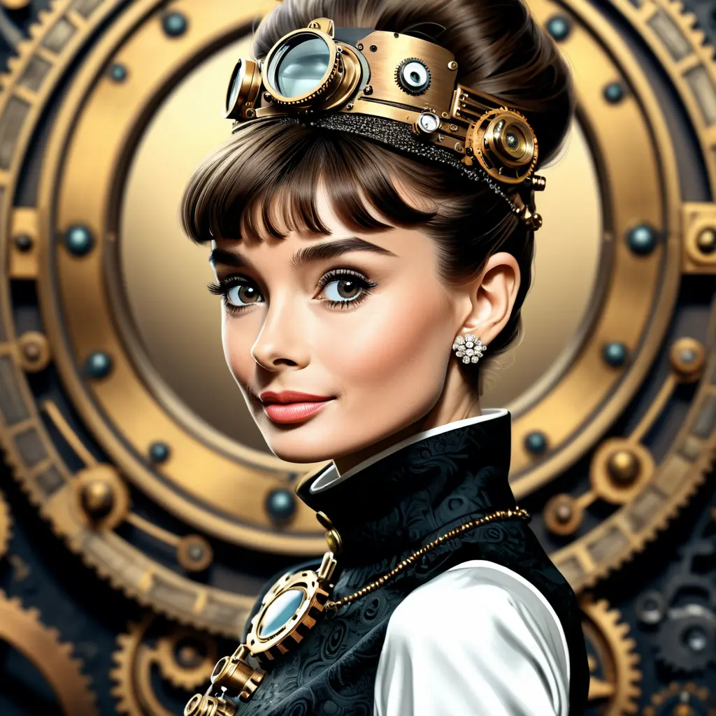 Steampunk portrait of Audrey Hepburn, Highly Detailed, Intricate, Artstation, Beautiful, Digital Painting, Sharp Focus, Concept Art, Elegant