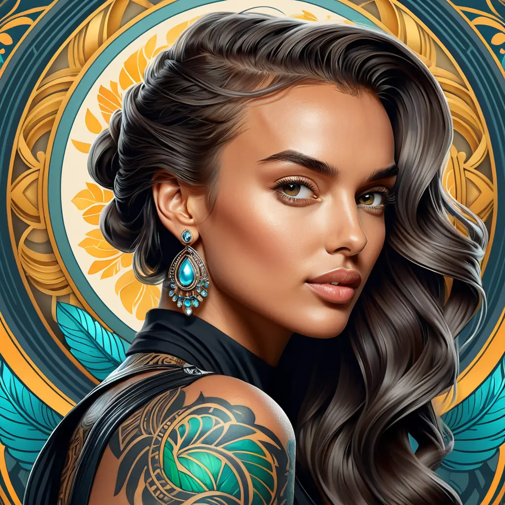 Colorful portrait of a tattooed Irina Shayk with a grey scale face, 4k, Highly Detailed, Hyper Detailed, Powerful, Artstation, Vintage Illustration, Digital Painting, Sharp Focus, Smooth, Concept Art by Stanley Artgerm Lau, Alphonse Mucha, Greg Rutkowski