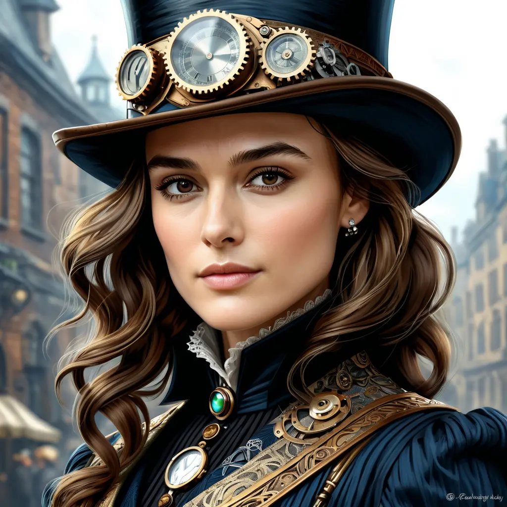 Steampunk portrait of Keira Knightley, Highly Detailed, Intricate, Artstation, Beautiful, Digital Painting, Sharp Focus, Concept Art, Elegant