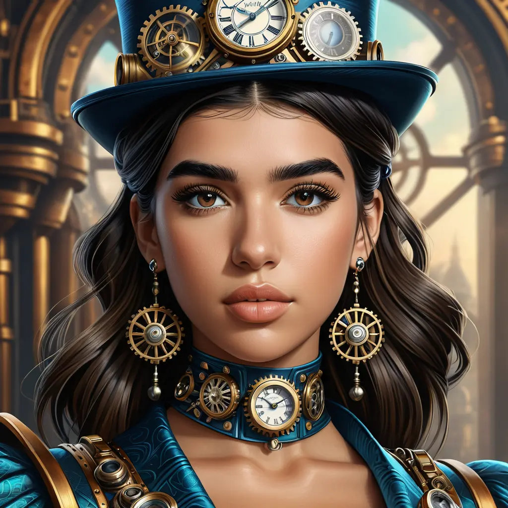 Steampunk portrait of Dua Lipa, Highly Detailed, Intricate, Artstation, Beautiful, Digital Painting, Sharp Focus, Concept Art, Elegant