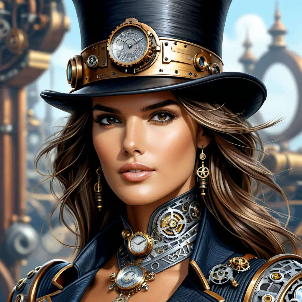 Steampunk portrait of Alessandra Ambrosio, Highly Detailed, Intricate, Artstation, Beautiful, Digital Painting, Sharp Focus, Concept Art, Elegant