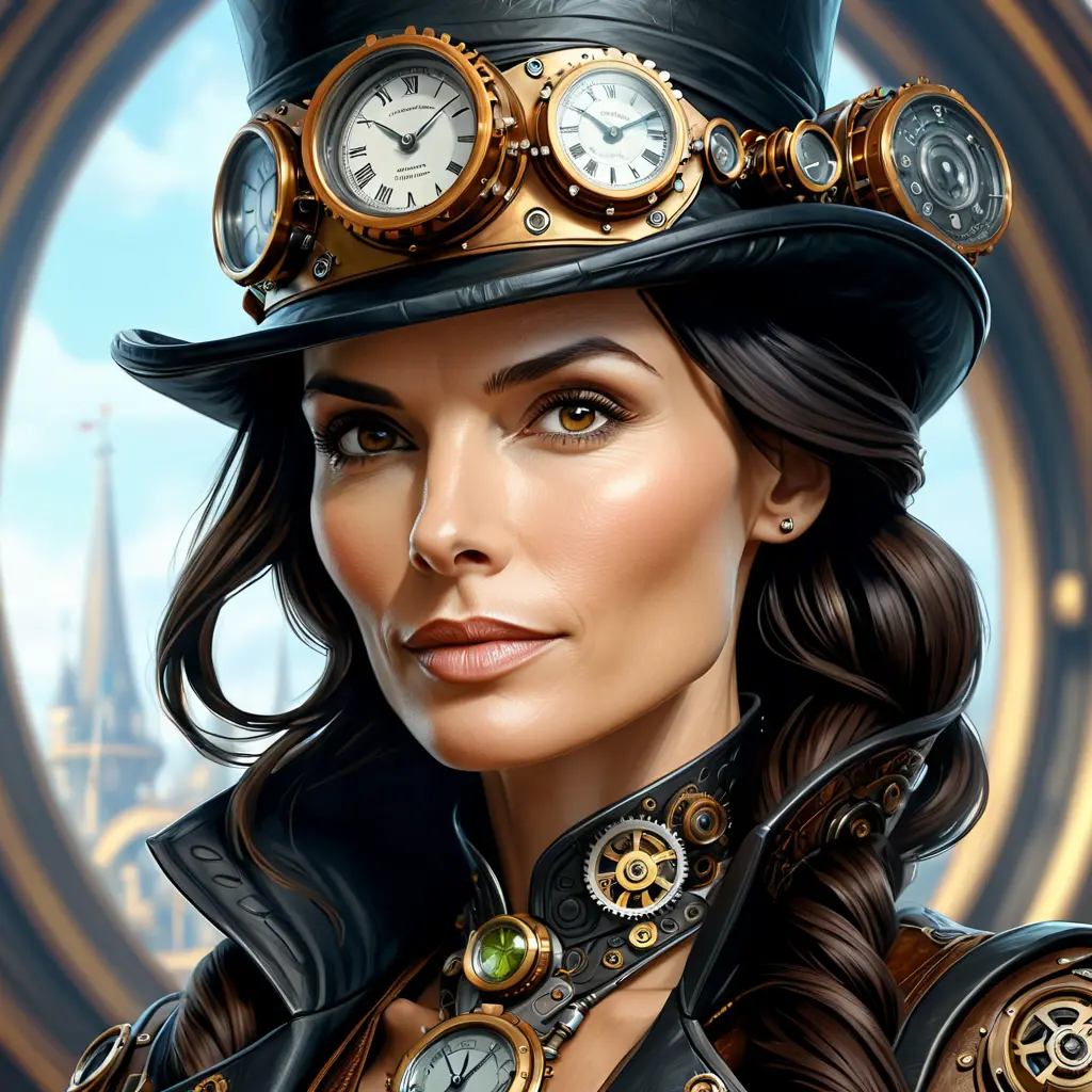 Steampunk portrait of Famke Janssen, Highly Detailed, Intricate, Artstation, Beautiful, Digital Painting, Sharp Focus, Concept Art, Elegant