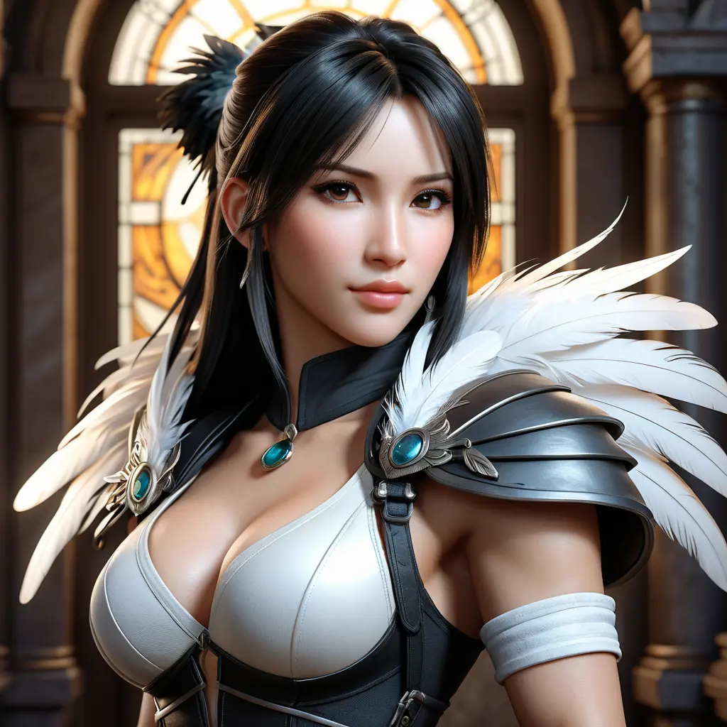 Alluring matte portrait of a beautiful Tifa Lockhart wearing feathers, 8k, Highly Detailed, Intricate, Half Body, Realistic, Sharp Focus, Volumetric Lighting, Fantasy, Elegant by Stanley Artgerm Lau, Alphonse Mucha, WLOP