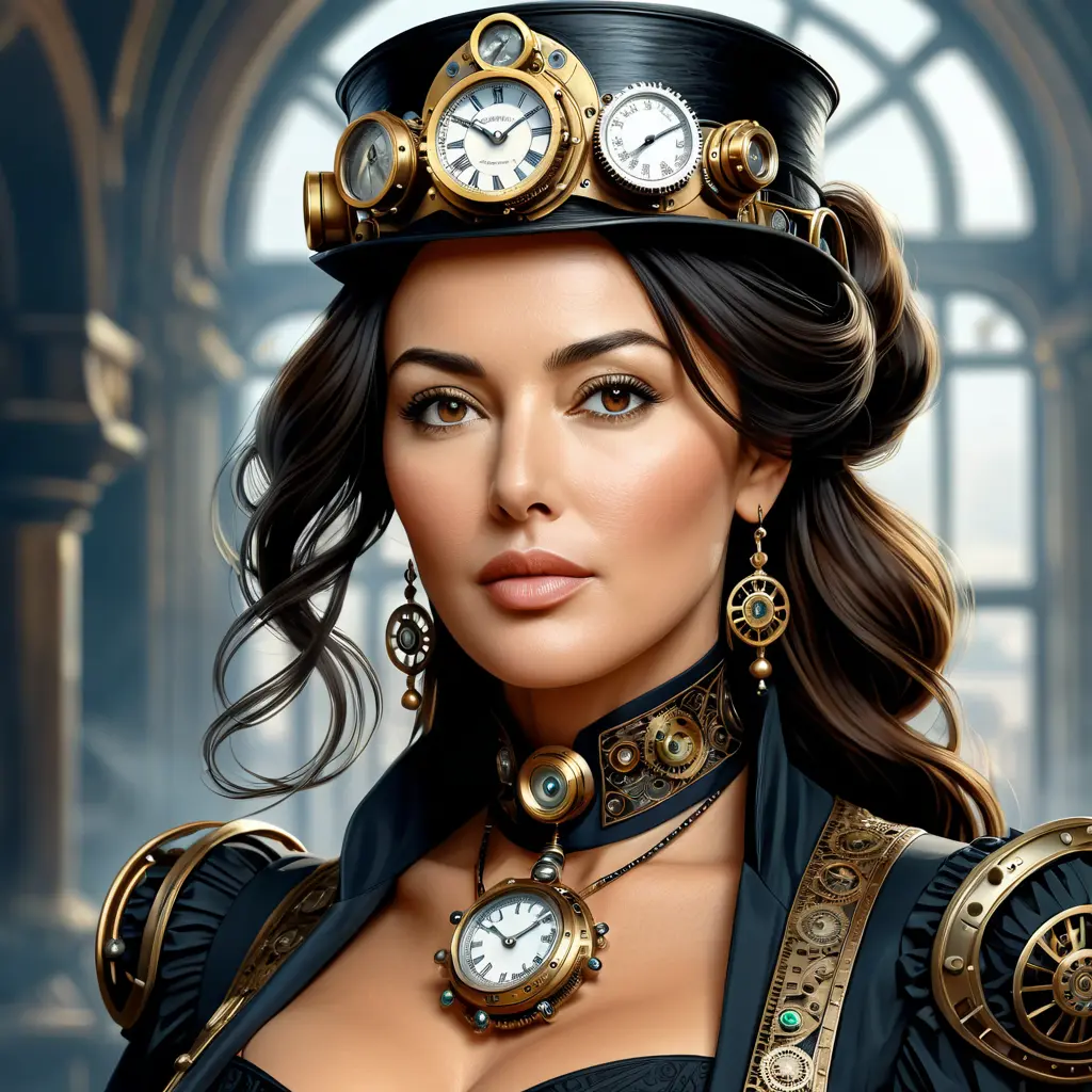 Steampunk portrait of Monica Bellucci, Highly Detailed, Intricate, Artstation, Beautiful, Digital Painting, Sharp Focus, Concept Art, Elegant