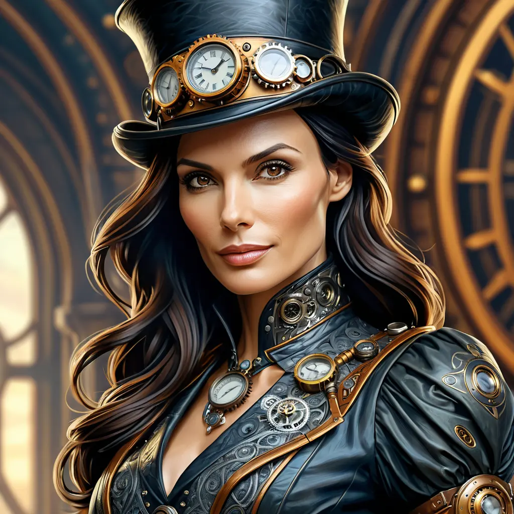 Steampunk portrait of Famke Janssen, Highly Detailed, Intricate, Artstation, Beautiful, Digital Painting, Sharp Focus, Concept Art, Elegant