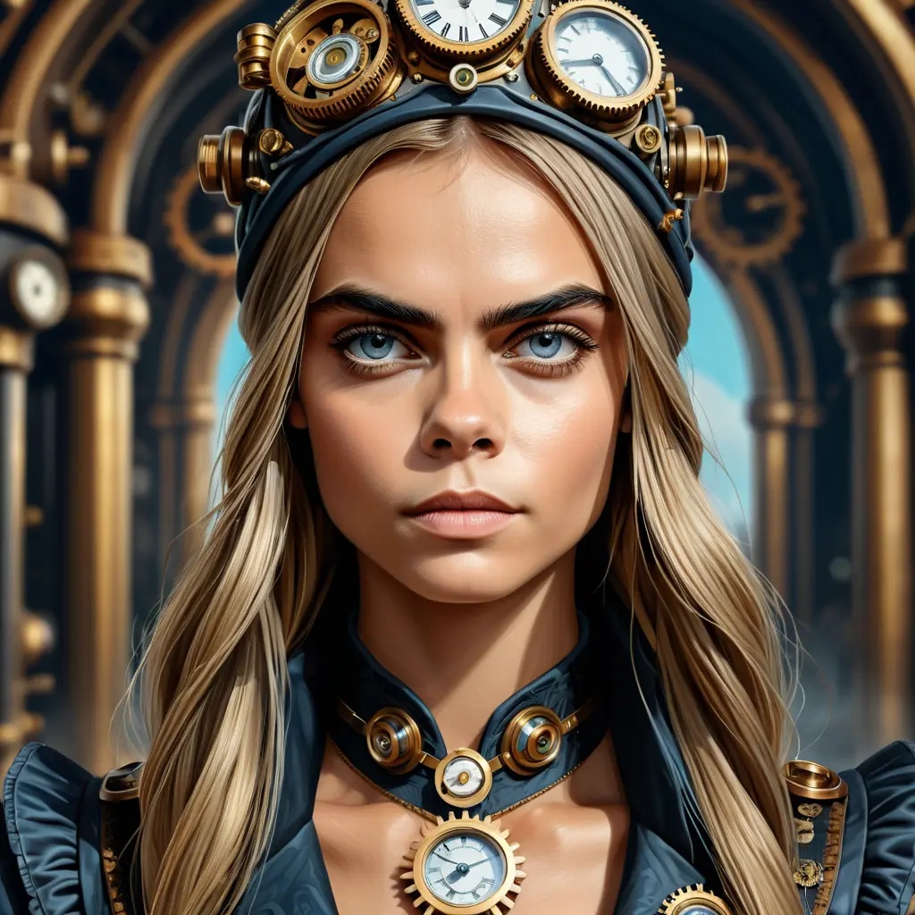 Steampunk portrait of Cara Delevingne, Highly Detailed, Intricate, Artstation, Beautiful, Digital Painting, Sharp Focus, Concept Art, Elegant