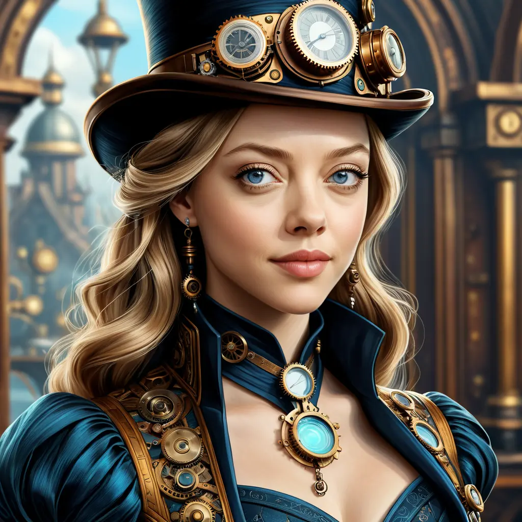 Steampunk portrait of Amanda Seyfried, Highly Detailed, Intricate, Artstation, Beautiful, Digital Painting, Sharp Focus, Concept Art, Elegant