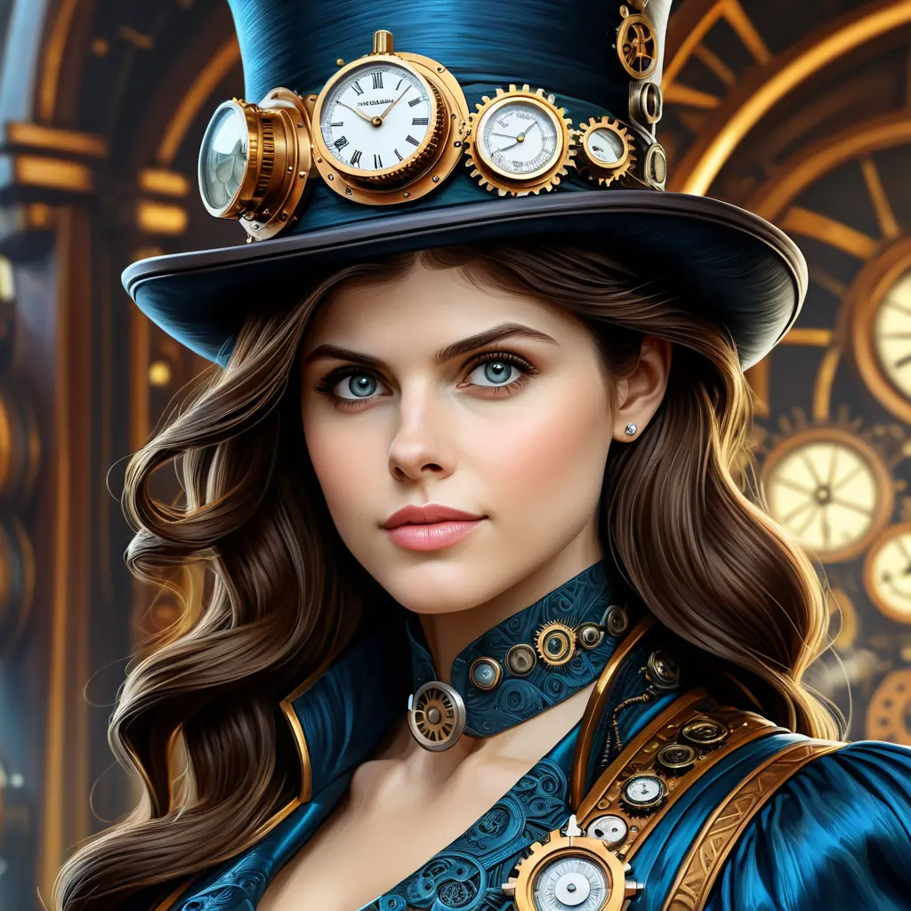 Steampunk portrait of Alexandra Daddario, Highly Detailed, Intricate, Artstation, Beautiful, Digital Painting, Sharp Focus, Concept Art, Elegant