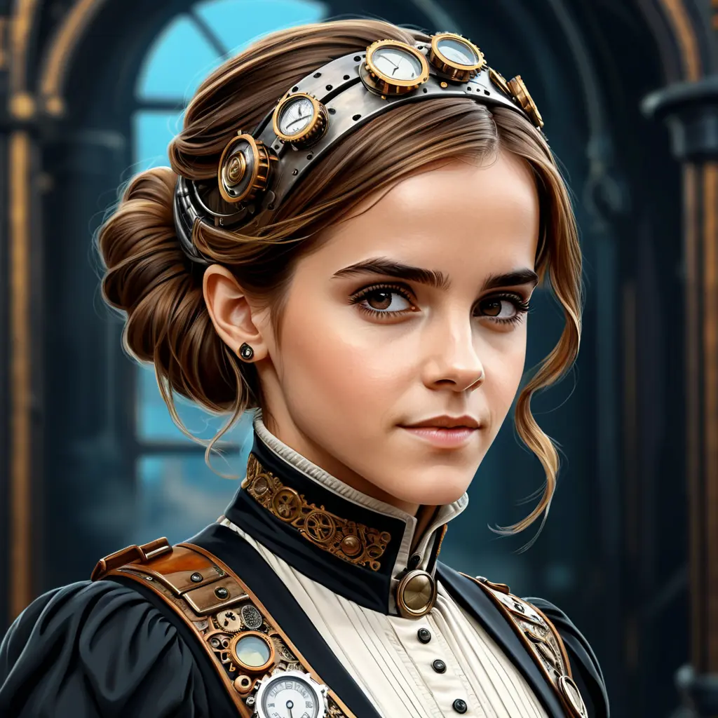 Steampunk portrait of Emma Watson, Highly Detailed, Intricate, Artstation, Beautiful, Digital Painting, Sharp Focus, Concept Art, Elegant