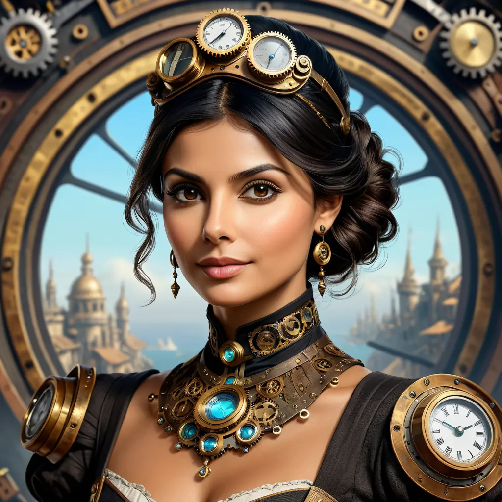 Steampunk portrait of Morena Baccarin, Highly Detailed, Intricate, Artstation, Beautiful, Digital Painting, Sharp Focus, Concept Art, Elegant