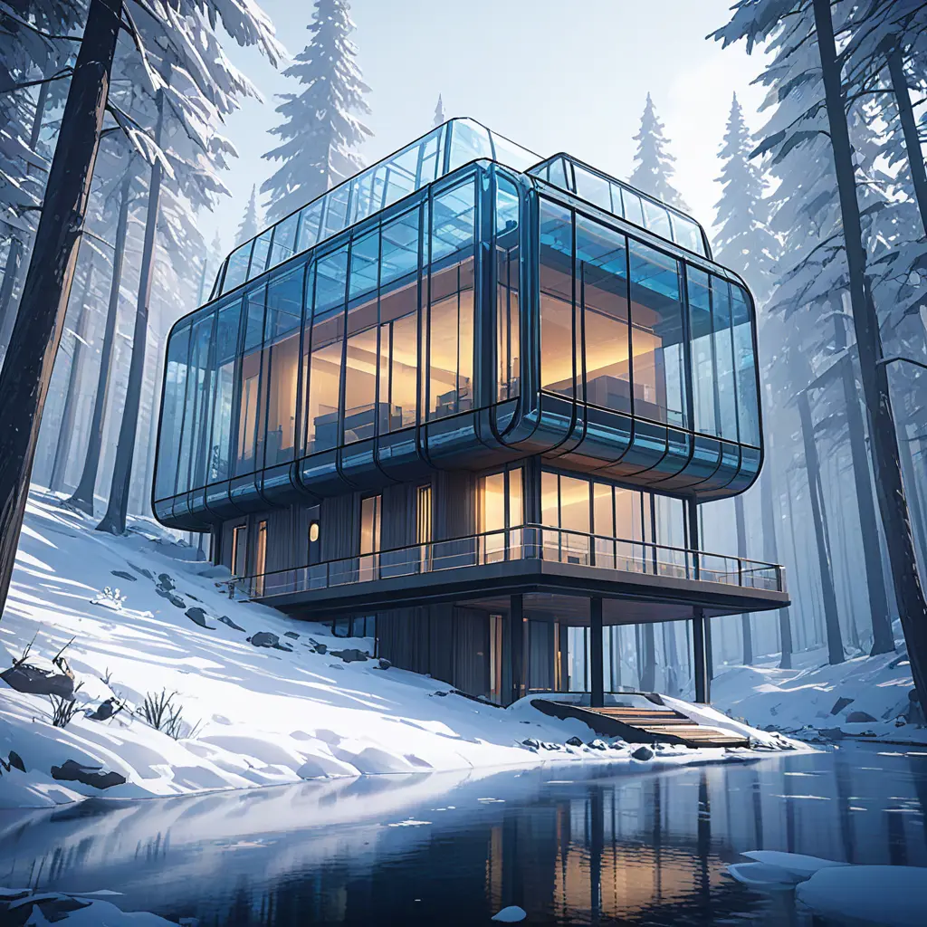 Grand futuristic glass cabin in the woods surrounded by a lake in winter, Atmospheric, Highly Detailed, Intricate, Trending on Artstation, Stunning, Realistic, Unreal Engine, Dynamic Lighting, Radiant, Fantasy by Greg Rutkowski