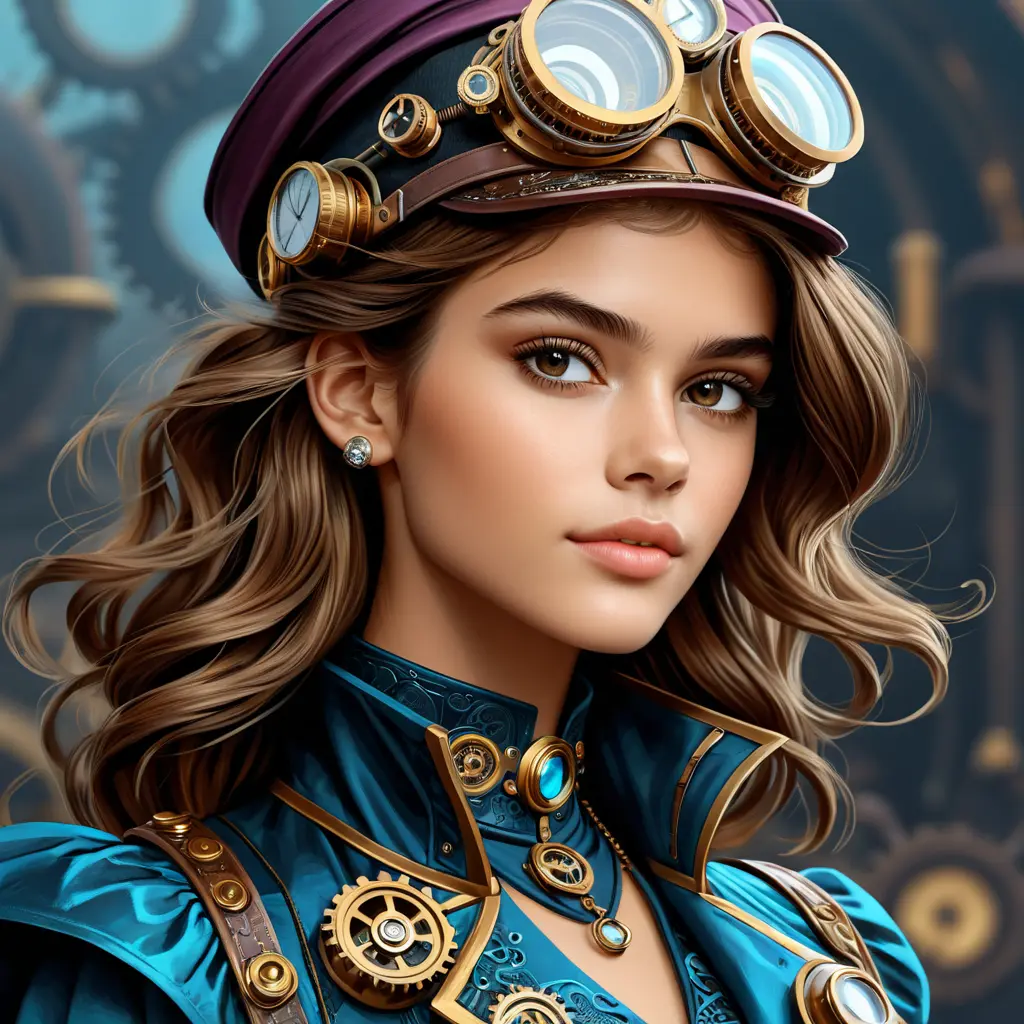 Steampunk portrait of Kaia Gerber, Highly Detailed, Intricate, Artstation, Beautiful, Digital Painting, Sharp Focus, Concept Art, Elegant