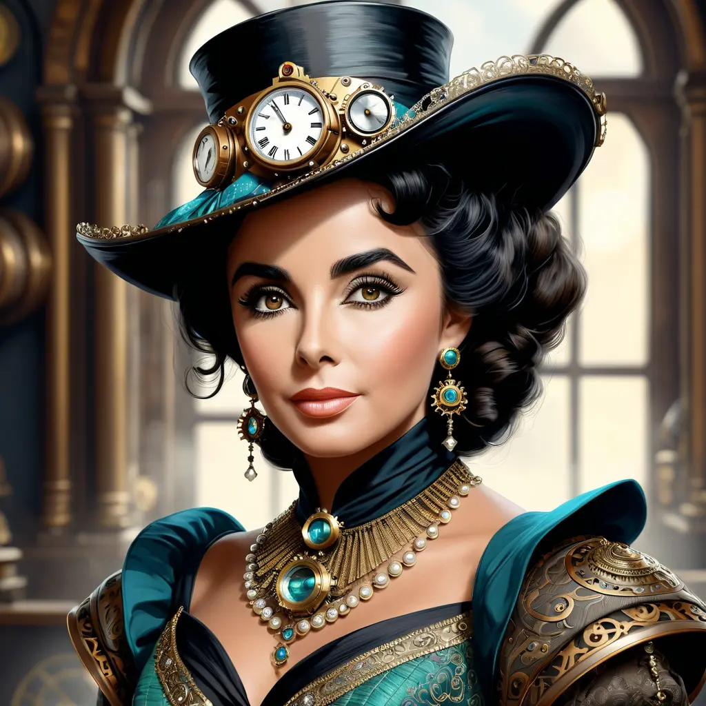 Steampunk portrait of Elizabeth Taylor, Highly Detailed, Intricate, Artstation, Beautiful, Digital Painting, Sharp Focus, Concept Art, Elegant