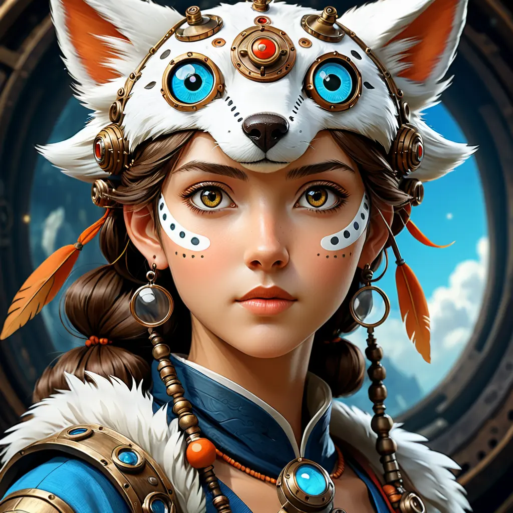 Steampunk portrait of Princess Mononoke, Highly Detailed, Intricate, Artstation, Beautiful, Digital Painting, Sharp Focus, Concept Art, Elegant