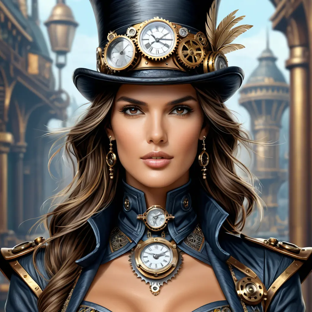 Steampunk portrait of Alessandra Ambrosio, Highly Detailed, Intricate, Artstation, Beautiful, Digital Painting, Sharp Focus, Concept Art, Elegant