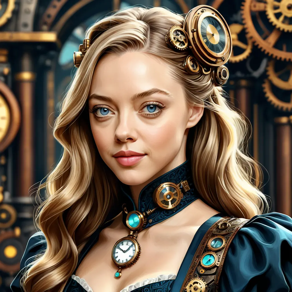 Steampunk portrait of Amanda Seyfried, Highly Detailed, Intricate, Artstation, Beautiful, Digital Painting, Sharp Focus, Concept Art, Elegant