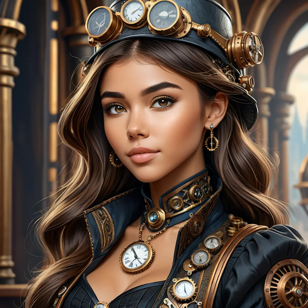 Steampunk portrait of Madison Beer, Highly Detailed, Intricate, Artstation, Beautiful, Digital Painting, Sharp Focus, Concept Art, Elegant