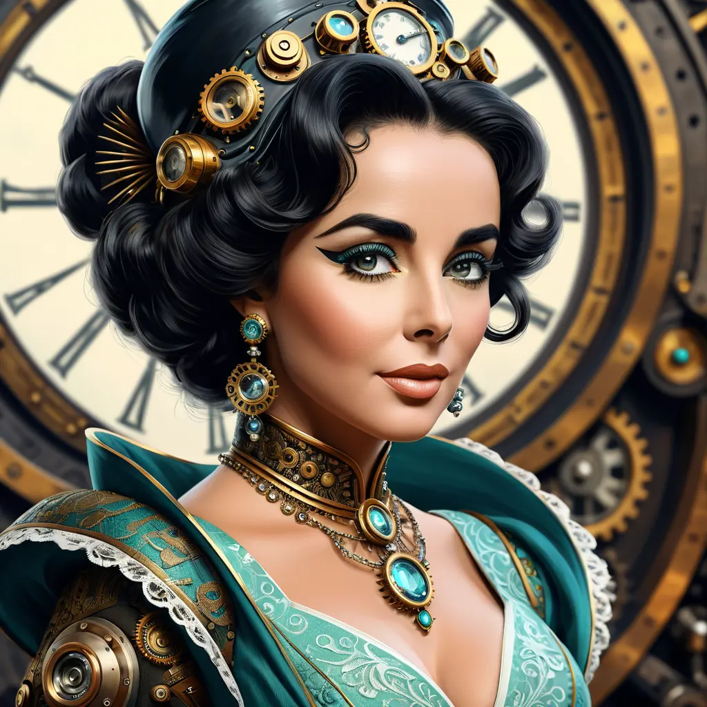 Steampunk portrait of Elizabeth Taylor, Highly Detailed, Intricate, Artstation, Beautiful, Digital Painting, Sharp Focus, Concept Art, Elegant