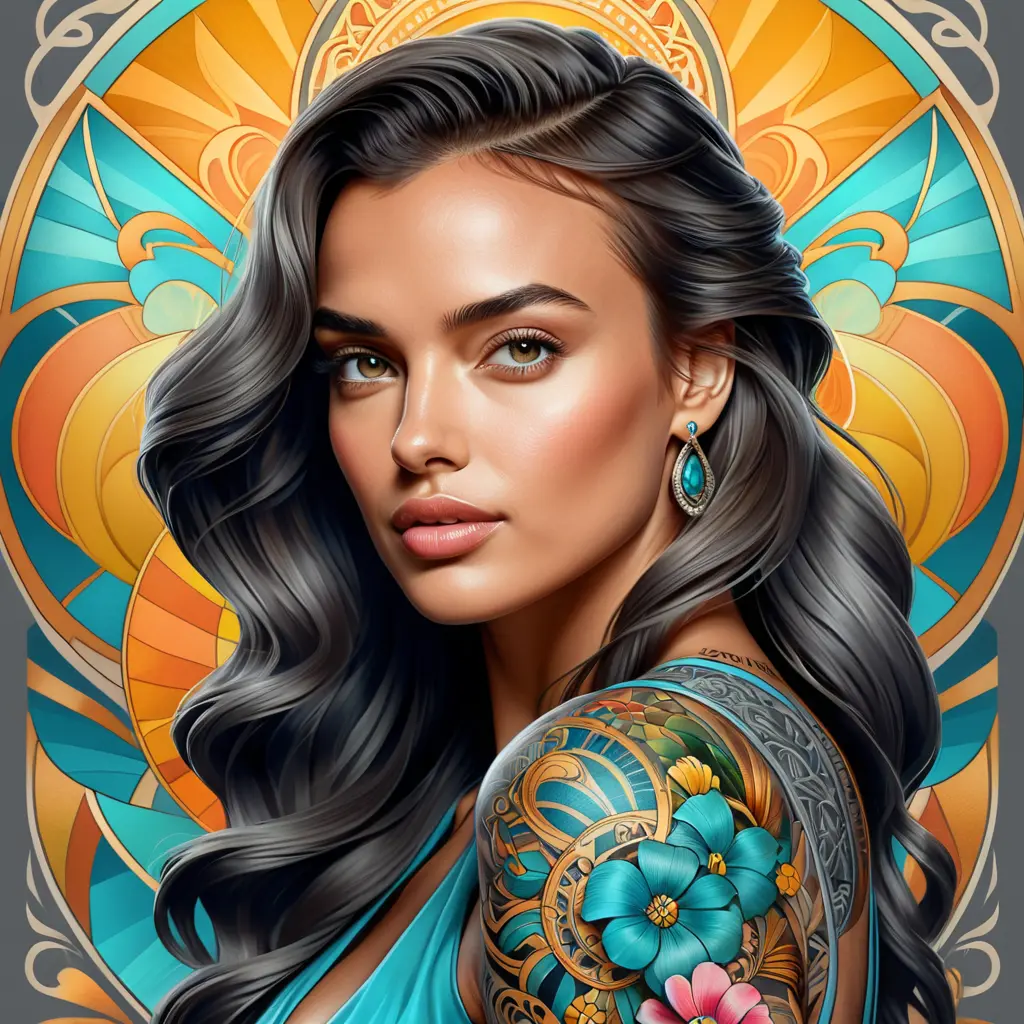 Colorful portrait of a tattooed Irina Shayk with a grey scale face, 4k, Highly Detailed, Hyper Detailed, Powerful, Artstation, Vintage Illustration, Digital Painting, Sharp Focus, Smooth, Concept Art by Stanley Artgerm Lau, Alphonse Mucha, Greg Rutkowski