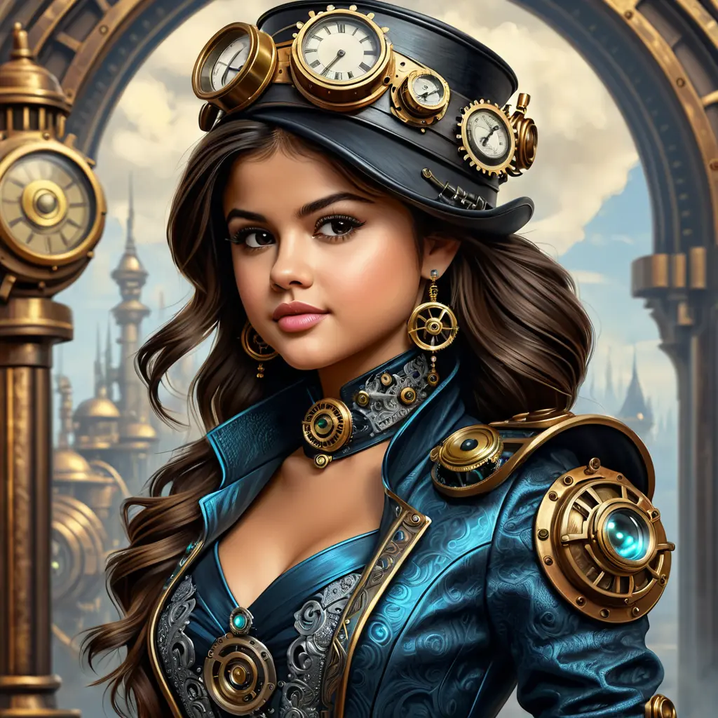 Steampunk portrait of Selena Gomez, Highly Detailed, Intricate, Artstation, Beautiful, Digital Painting, Sharp Focus, Concept Art, Elegant