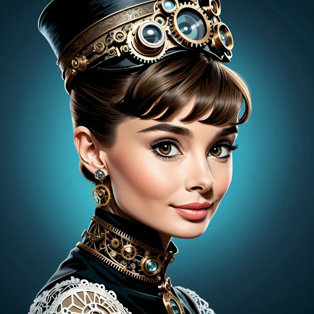 Steampunk portrait of Audrey Hepburn, Highly Detailed, Intricate, Artstation, Beautiful, Digital Painting, Sharp Focus, Concept Art, Elegant