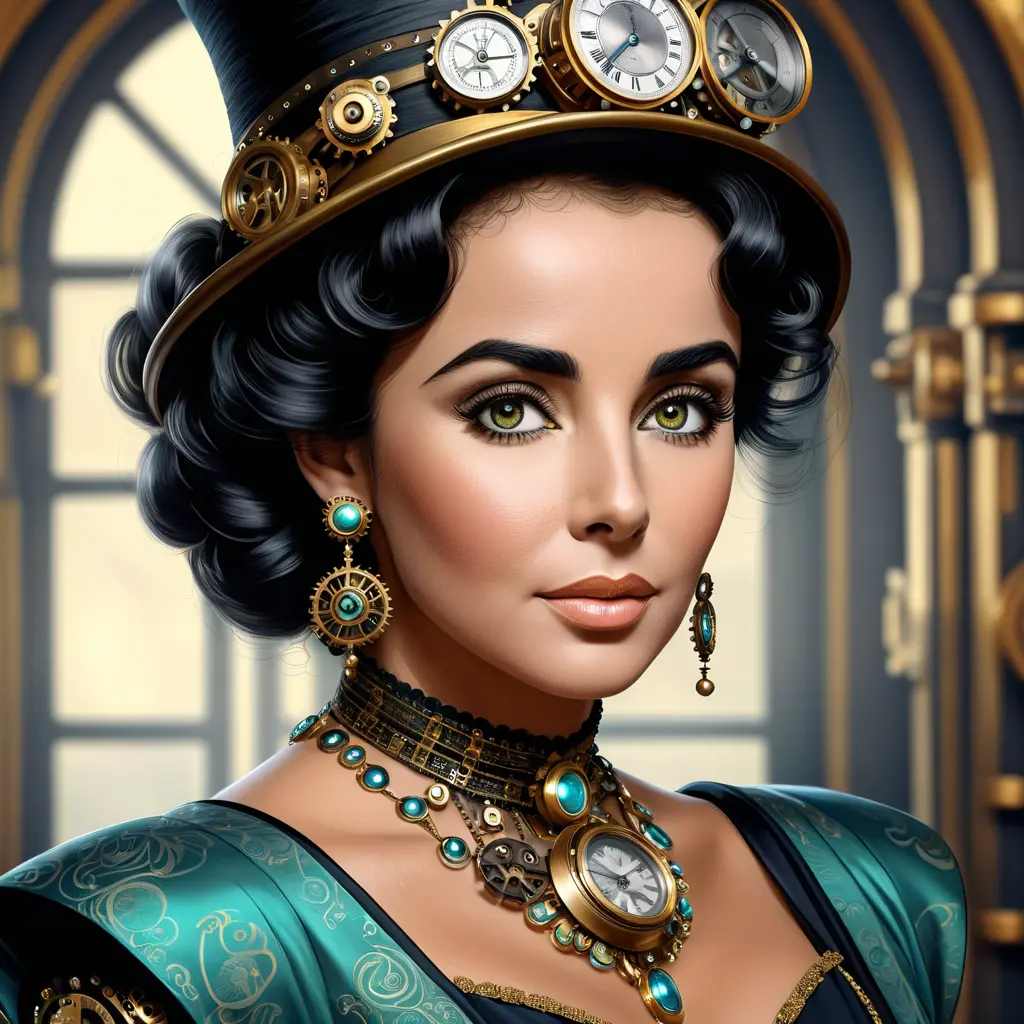 Steampunk portrait of Elizabeth Taylor, Highly Detailed, Intricate, Artstation, Beautiful, Digital Painting, Sharp Focus, Concept Art, Elegant