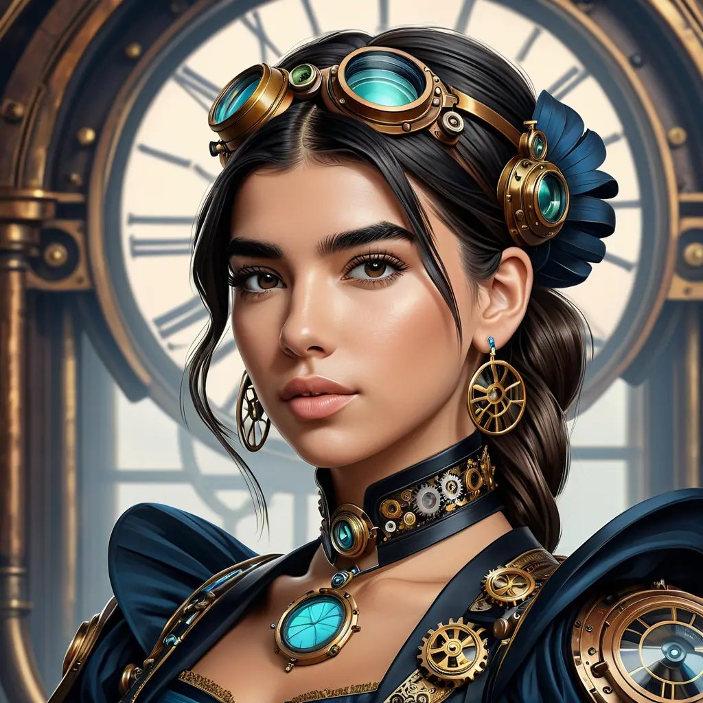 Steampunk portrait of Dua Lipa, Highly Detailed, Intricate, Artstation, Beautiful, Digital Painting, Sharp Focus, Concept Art, Elegant