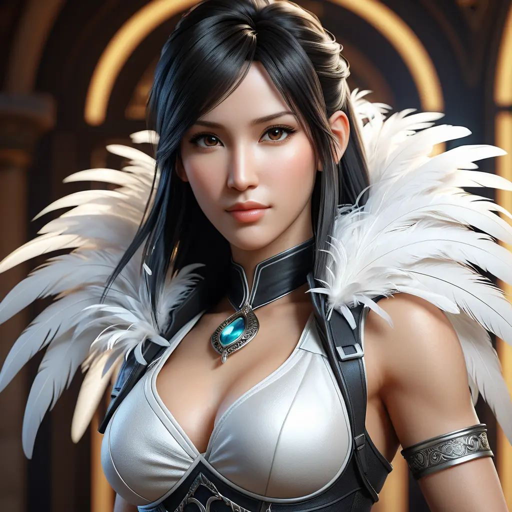 Alluring matte portrait of a beautiful Tifa Lockhart wearing feathers, 8k, Highly Detailed, Intricate, Half Body, Realistic, Sharp Focus, Volumetric Lighting, Fantasy, Elegant by Stanley Artgerm Lau, Alphonse Mucha, WLOP