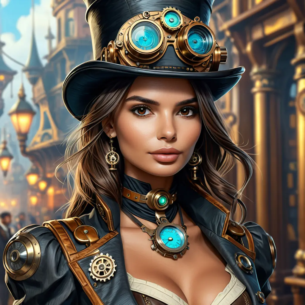 Steampunk portrait of Emily Ratajkowski, Highly Detailed, Intricate, Artstation, Beautiful, Digital Painting, Sharp Focus, Concept Art, Elegant