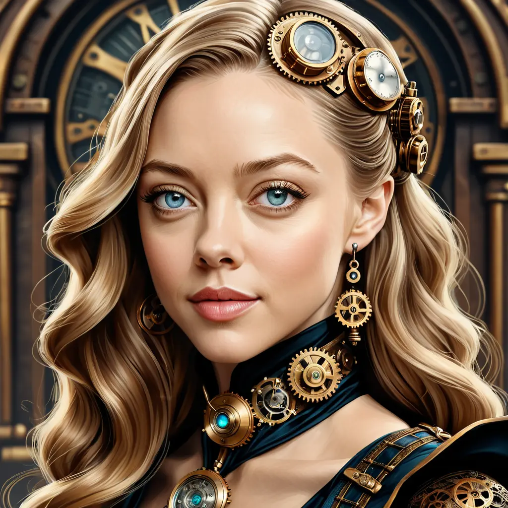 Steampunk portrait of Amanda Seyfried, Highly Detailed, Intricate, Artstation, Beautiful, Digital Painting, Sharp Focus, Concept Art, Elegant