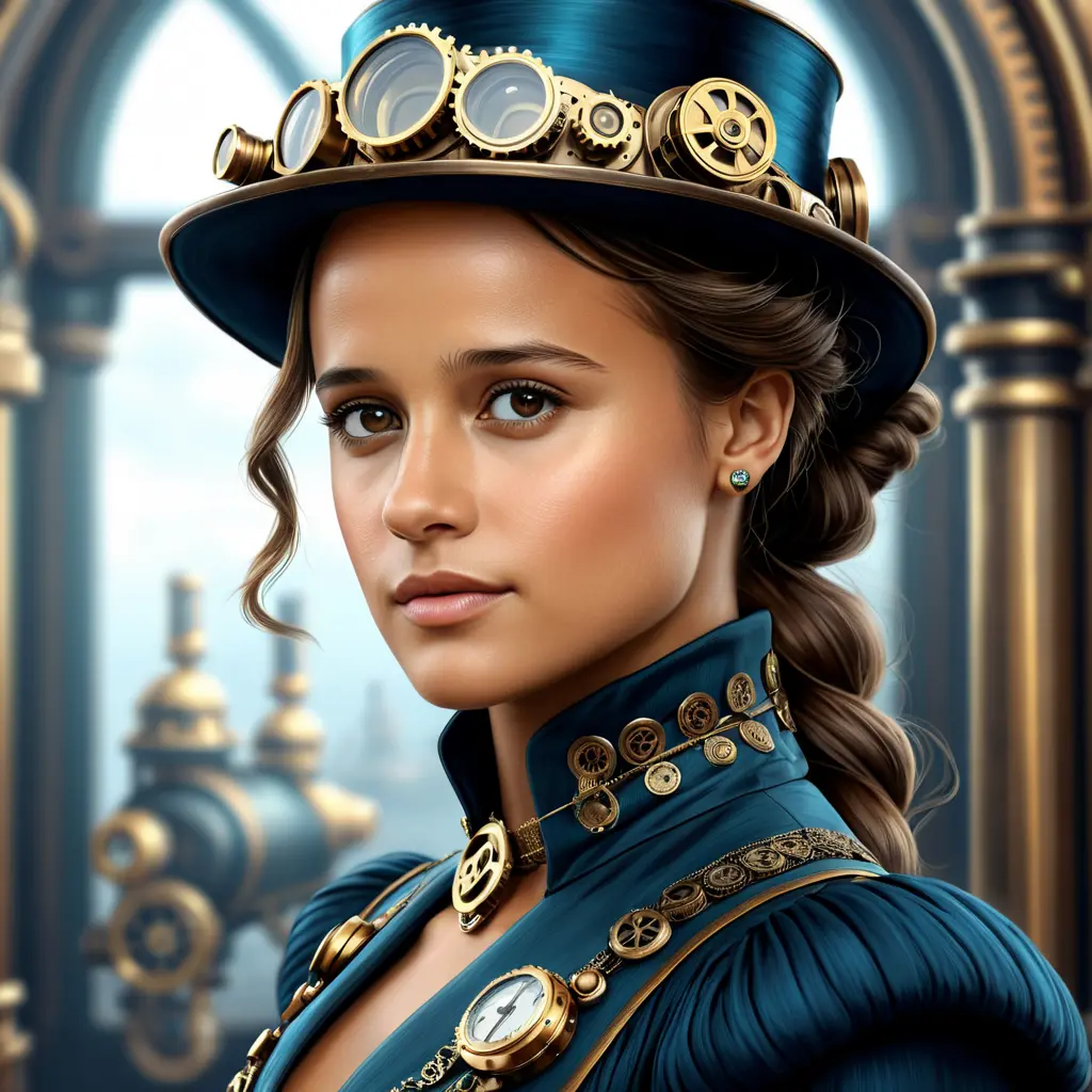 Steampunk portrait of Alicia Vikander, Highly Detailed, Intricate, Artstation, Beautiful, Digital Painting, Sharp Focus, Concept Art, Elegant