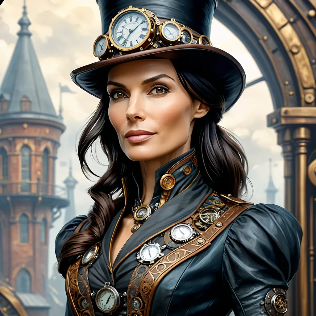 Steampunk portrait of Famke Janssen, Highly Detailed, Intricate, Artstation, Beautiful, Digital Painting, Sharp Focus, Concept Art, Elegant