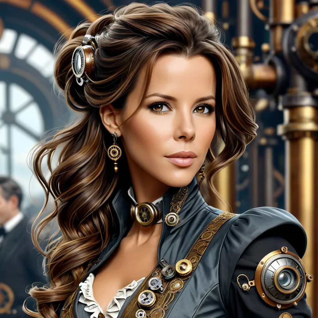 Steampunk portrait of Kate Beckinsale, Highly Detailed, Intricate, Artstation, Beautiful, Digital Painting, Sharp Focus, Concept Art, Elegant