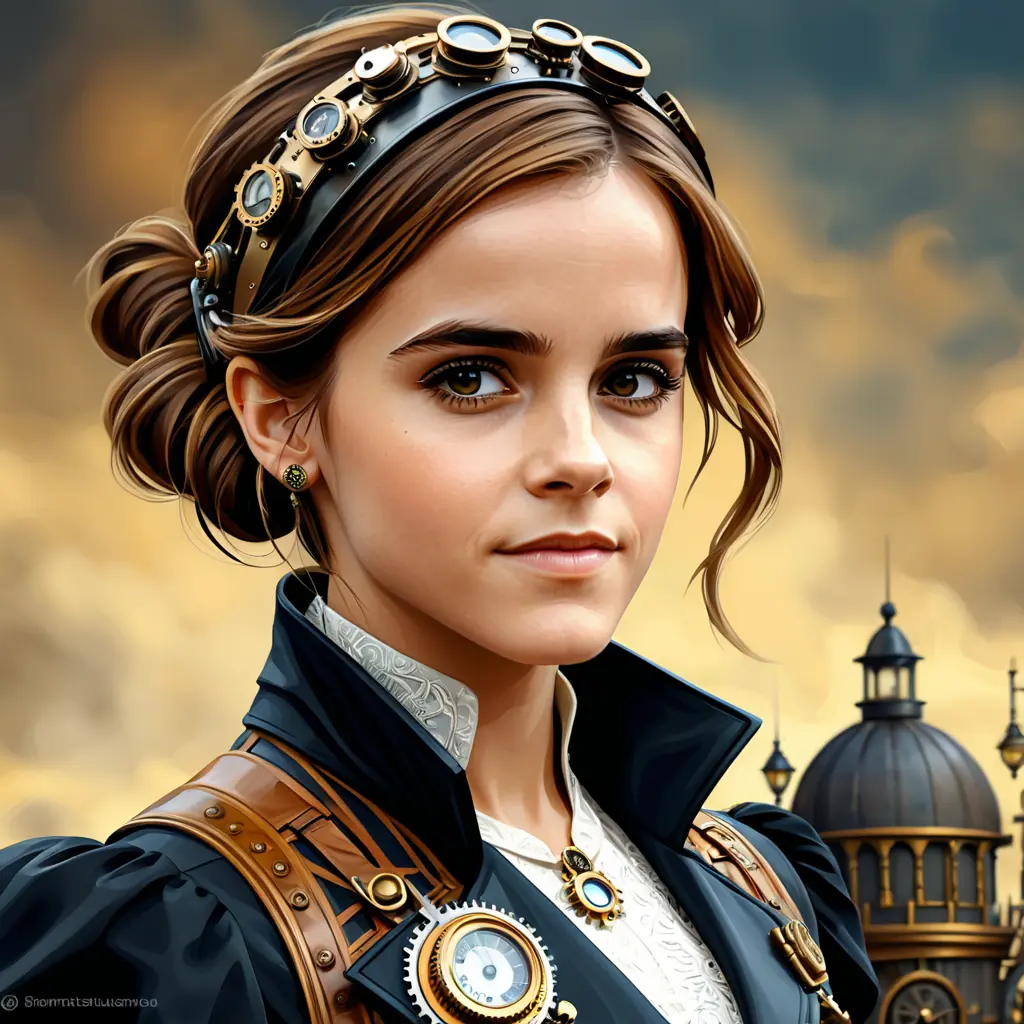 Steampunk portrait of Emma Watson, Highly Detailed, Intricate, Artstation, Beautiful, Digital Painting, Sharp Focus, Concept Art, Elegant