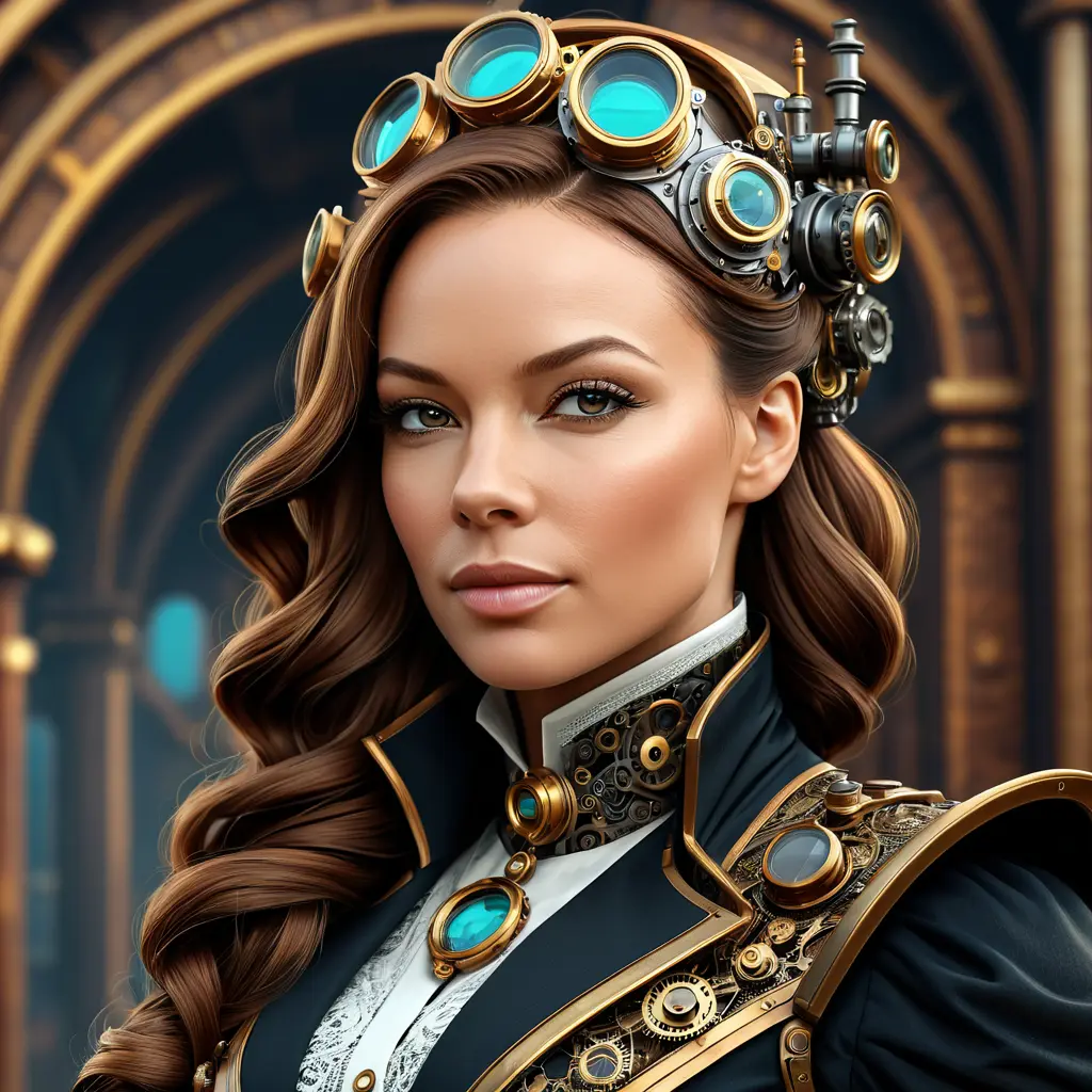 Steampunk portrait of Rebecca Ferguson, Highly Detailed, Intricate, Artstation, Beautiful, Digital Painting, Sharp Focus, Concept Art, Elegant