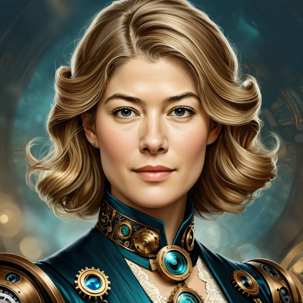 Steampunk portrait of Rosamund Pike, Highly Detailed, Intricate, Artstation, Beautiful, Digital Painting, Sharp Focus, Concept Art, Elegant