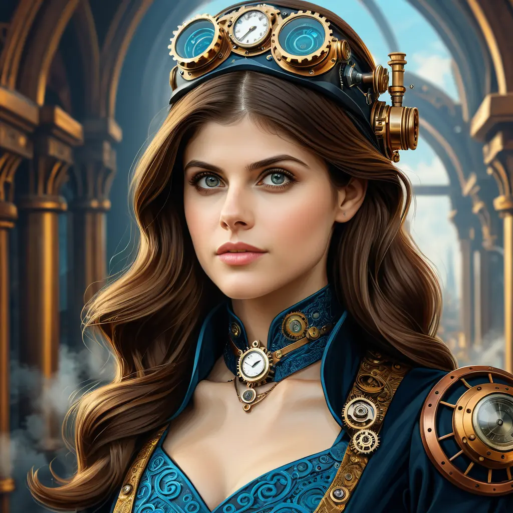 Steampunk portrait of Alexandra Daddario, Highly Detailed, Intricate, Artstation, Beautiful, Digital Painting, Sharp Focus, Concept Art, Elegant