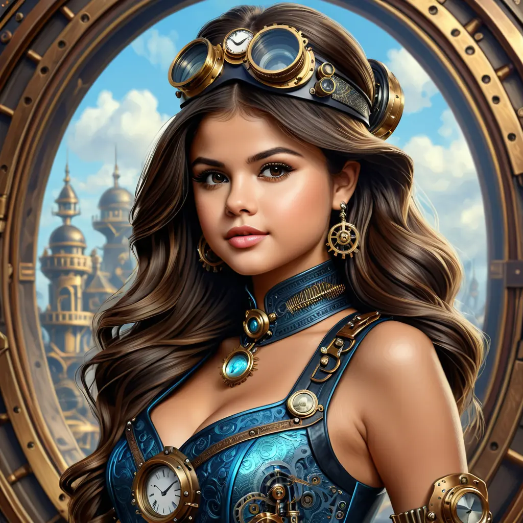 Steampunk portrait of Selena Gomez, Highly Detailed, Intricate, Artstation, Beautiful, Digital Painting, Sharp Focus, Concept Art, Elegant