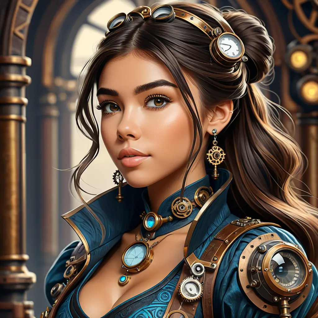 Steampunk portrait of Madison Beer, Highly Detailed, Intricate, Artstation, Beautiful, Digital Painting, Sharp Focus, Concept Art, Elegant