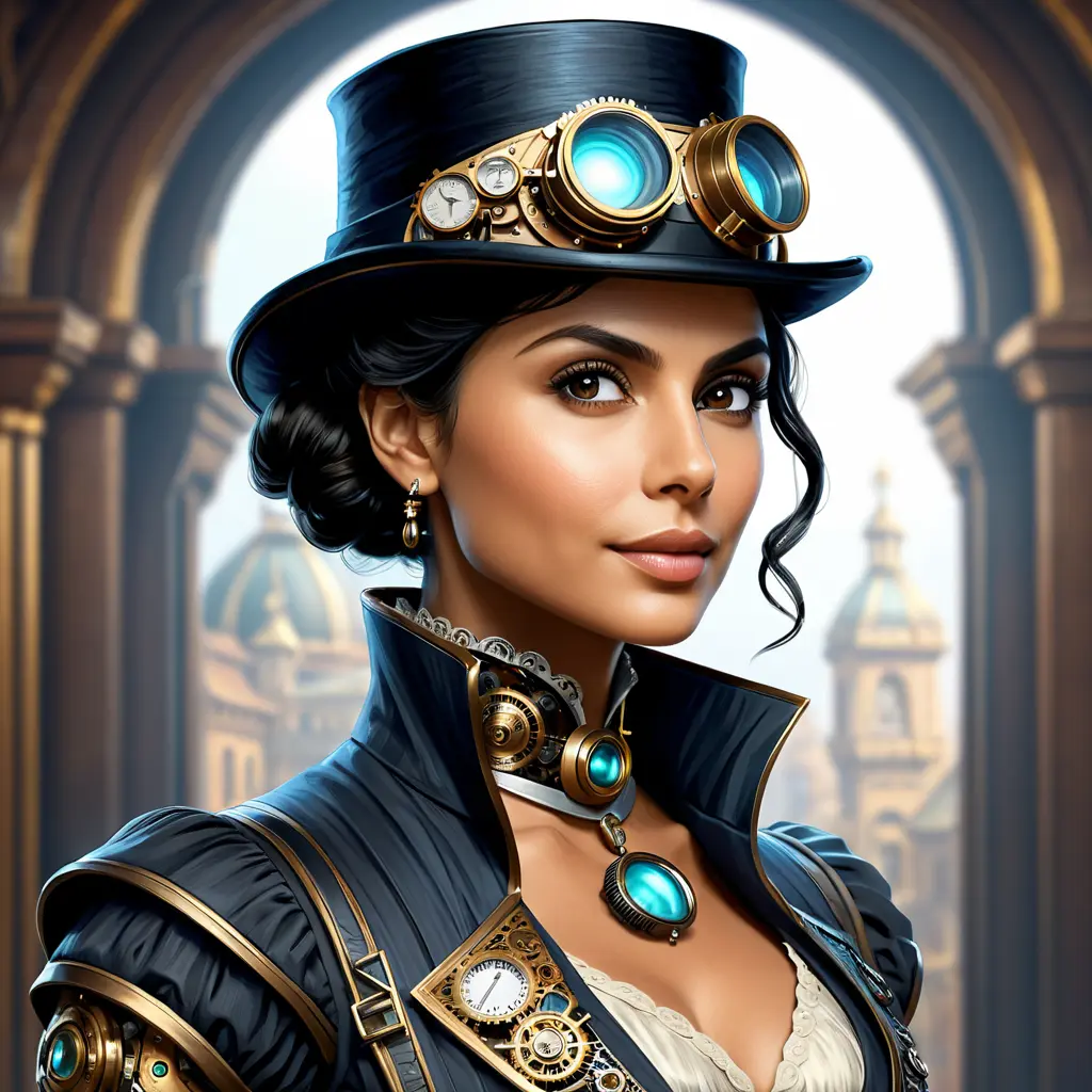 Steampunk portrait of Morena Baccarin, Highly Detailed, Intricate, Artstation, Beautiful, Digital Painting, Sharp Focus, Concept Art, Elegant