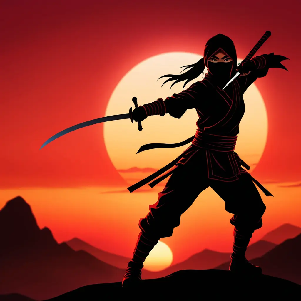 Silhouette of a ninja assassin with her drawn daggers in front of a red sunset, Ambient Lighting, Fantasy, Dark